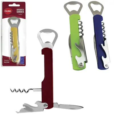 ABRIDOR DE GARRAFA / SACA ROLHA DE INOX COM CANIVETE 4 EM 1 14X3CM