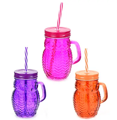 CANECA COM TAMPA E CANUDO DE VIDRO / METAL CORUJA COLORS 380ML