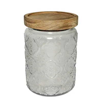 POTE DE VIDRO REDONDO COM TAMPA HERMETICA DE MADEIRA 700ML