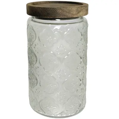 POTE DE VIDRO REDONDO COM TAMPA HERMETICA DE MADEIRA 1000ML