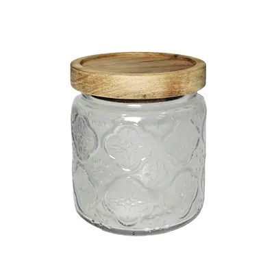 POTE DE VIDRO REDONDO COM TAMPA HERMETICA DE MADEIRA 500ML
