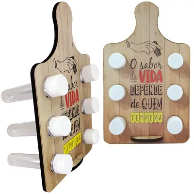 PORTA CONDIMENTO DE PLASTICO COM 6 PECAS 50ML + SUPORTE DE MADEIRA MDF TABUA 28X17CM