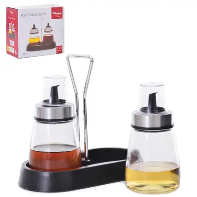GALHETEIRO DE VIDRO COM 2 PECAS 190ML + SUPORTE PLASTICO NA CAIXA