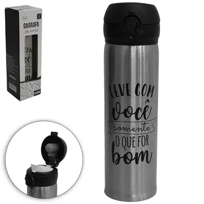 GARRAFA TERMICA DE INOX FRASES SORTIDAS COM TAMPA BOTAO E TRAVA 450ML