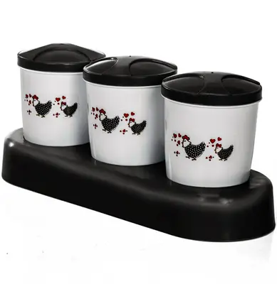 PORTA CONDIMENTO DE PLASTICO GALINHA COM 3 PECAS 180ML + SUPORTE