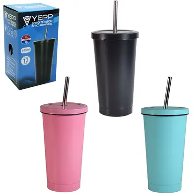 COPO TERMICO DE INOX COM PAREDE DUPLA + TAMPA E CANUDO COLORS 500ML NA CAIXA