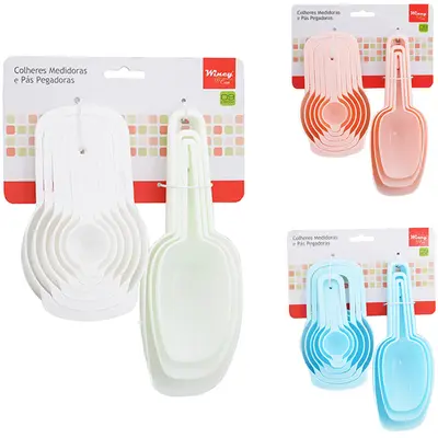 CONJUNTO DE COLHER MEDIDORA COM PA / PEGADOR DE PLASTICO MULTIUSO COLORS 9 PECAS