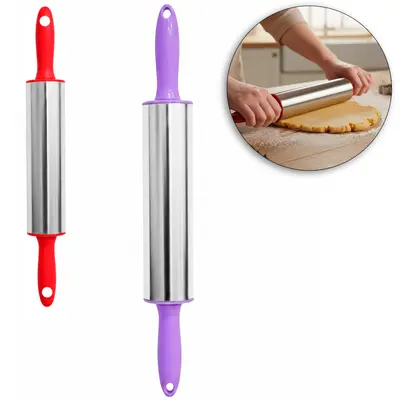 ROLO PARA MASSA DE INOX CABO PLASTICO COLORS 39X4,5CM DE Ø