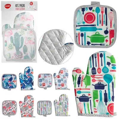 LUVA PARA COZINHA DE POLIESTER TERMICA COM DESCANSO DE PANELA ESTAMPAS SORTIDAS