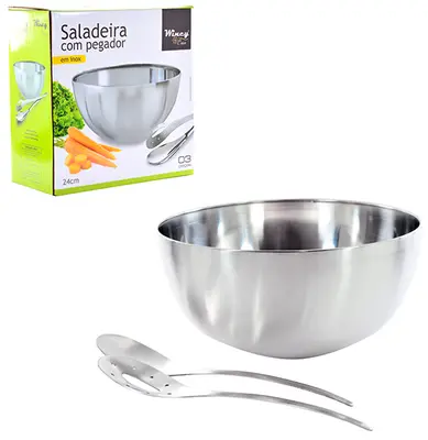 TIGELA SALADEIRA REDONDA DE INOX COM COLHER 12X24CM DE Ø / 27,5X5CM