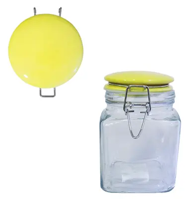 POTE DE VIDRO QUADRADO COM TAMPA HERMETICA AMARELA E FECHO 1100ML