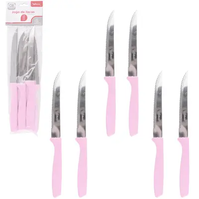 FACA DE MESA DE INOX CABO PLASTICO PALMAS ROSA OX PRIME 6 PECAS 21CM NA SOLAPA