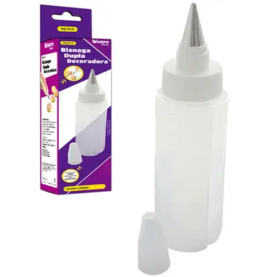 DECORADOR DE BOLO BISNAGA DE PLASTICO DUPLA PARA CONFEITAR COM TAMPA + BICO DE INOX NA CAIXA