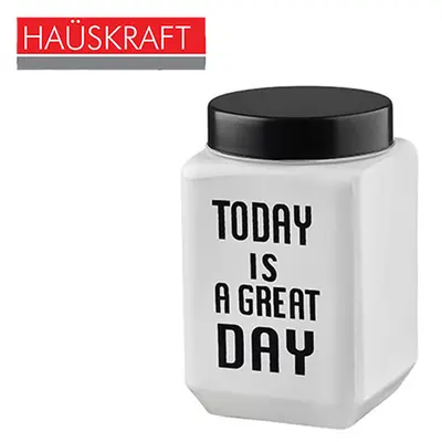 POTE DE VIDRO QUADRADO BRANCO TODAY IS A GREAT DAY TAMPA HERMETICA HAUSKRAFT 750ML