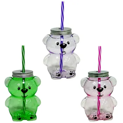 COPO COM TAMPA E CANUDO DE PLASTICO URSO TRANSCOLOR 400ML