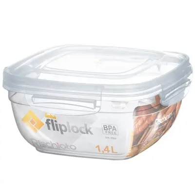 POTE DE PLASTICO QUADRADO FLIPLOCK COM TAMPA + TRAVA 1,4L
