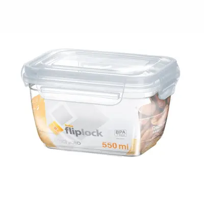 POTE DE PLASTICO RETANGULAR FLIPLOCK ALTO COM TAMPA + TRAVA 550ML