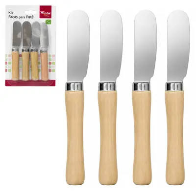 ESPATULA PATE / MANTEIGA DE INOX CABO MADEIRA COM 4 PECAS NA CARTELA