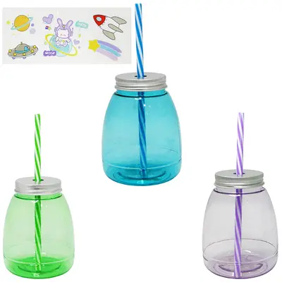 COPO COM TAMPA E CANUDO DE PLASTICO TRANSCOLOR + ADESIVO 400ML
