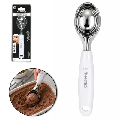 COLHER / CONCHA DE SORVETE DE INOX CABO PLASTICO BRANCO PREMIUM 20CM NA CARTELA
