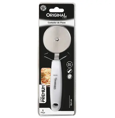 CARRETILHA CORTADOR DE PIZZA DE INOX PREMIUM CABO BRANCO 19,5CM NA CARTELA