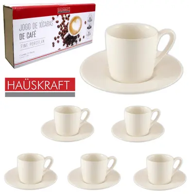 JOGO DE XICARA DE PORCELANA COM PIRES PARA CAFE BRANCA HAUSKRAFT 12 PECAS 90ML NA CAIXA