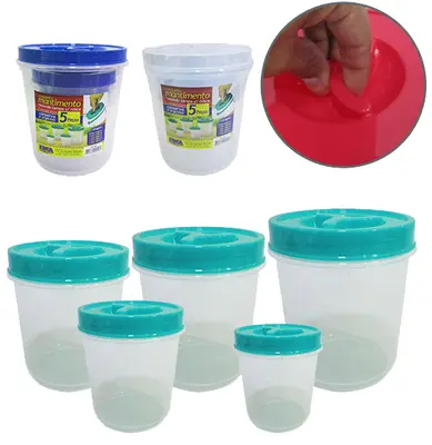 CONJUNTO DE POTE DE PLASTICO REDONDO PARA MANTIMENTOS COM TAMPA DE ROSCA COLORS 5 PECAS
