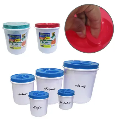 CONJUNTO DE POTE DE PLASTICO REDONDO PARA MANTIMENTOS COM TAMPA DE ROSCA COLORS 5 PECAS
