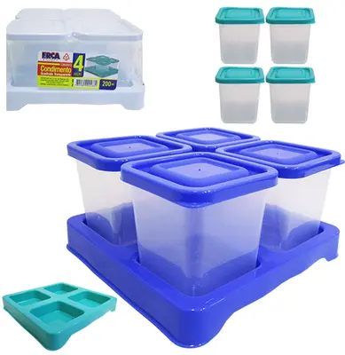 PORTA CONDIMENTO DE PLASTICO COM 4 PECAS + SUPORTE COLORS