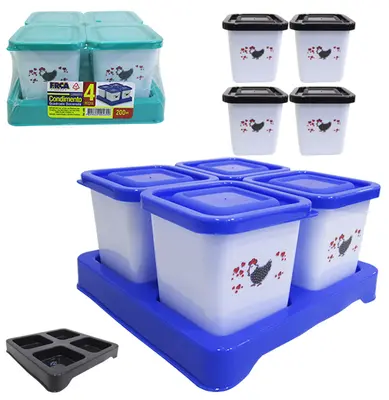 PORTA CONDIMENTO DE PLASTICO GALINHA COM 4 PECAS + SUPORTE COLORS