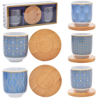JOGO DE XICARA DE PORCELANA COM PIRES DE BAMBU PARA CAFE 4 PECAS 110ML