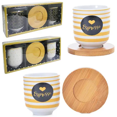 JOGO DE XICARA DE PORCELANA COM PIRES DE BAMBU PARA CAFE 4 PECAS 110ML