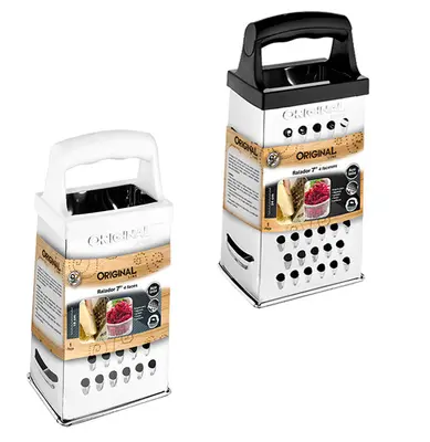 RALADOR DE INOX 4 FACES COM PEGADOR PRETO / BRANCO 7''