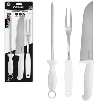 CONJUNTO DE FACA DE CHURRASCO 8'' + GARFO 7'' + CHAIRA 8'' DE INOX CABO PLASTICO BRANCO PANTANAL