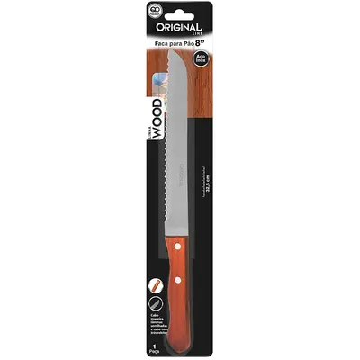 FACA DE PAO DE INOX 8'' CABO MADEIRA WOOD NA CARTELA
