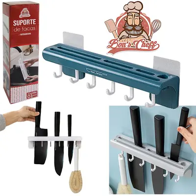 SUPORTE PRATELEIRA ORGANIZADOR DE PAREDE DE PLASTICO PARA FACAS COM 6 GANCHOS AUTOADESIVO 25,5X6X5CM BONS CHEFF
