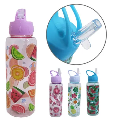 GARRAFA SQUEEZE DE PLASTICO PET FRUTAS COM CANUDO + TAMPA FLIP TOP 800ML