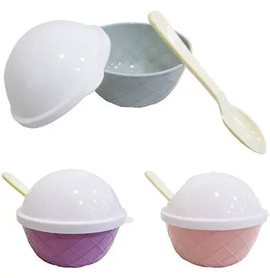 TIGELA DE PLASTICO PARA SOBREMESA / SORVETE CASQUINHA COM TAMPA E COLHER 11X6CM