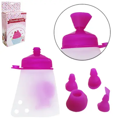 DECORADOR DE BOLO BISNAGA DE PLASTICO COM TAMPA + 4 BICOS DE SILICONE LINHA CONFEITEIRO