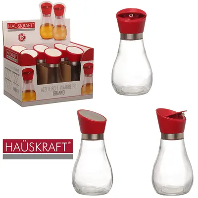 AZEITEIRO / VINAGREIRO DE VIDRO COM TAMPA DE INOX / PLASTICO GRANNO VERMELHO HAUSKRAFT 400ML