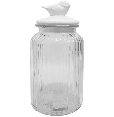 POTE DE VIDRO REDONDO COM TAMPA HERMETICA PASSARO DE PORCELANA 1350ML