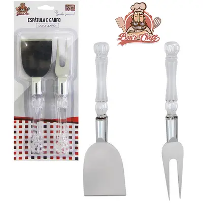 CONJUNTO PARA QUEIJO E FRIOS COM ESPATULA + GARFO DE INOX CABO ACRILICO BONS CHEFF