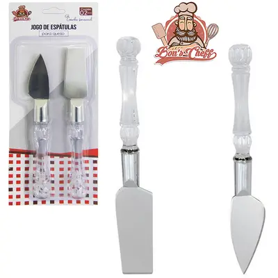 CONJUNTO PARA QUEIJO E FRIOS COM FACA + ESPATULA DE INOX CABO ACRILICO BONS CHEFF