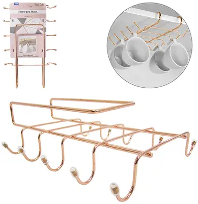 SUPORTE ORGANIZADOR ARAMADO PARA 10 XICARAS METALIZADO ROSE GOLD 28X19X8CM