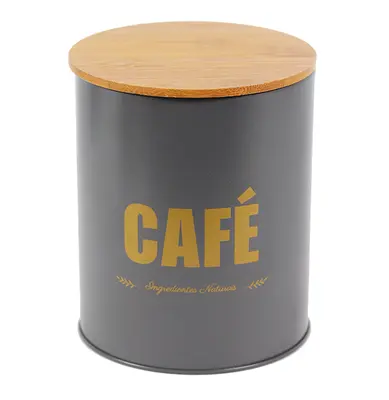 POTE DE LATA REDONDO PRETO PARA CAFE COM TAMPA TIPO MADEIRA / BAMBU 1,2L