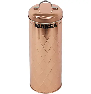 POTE DE LATA REDONDO METALIZADO COBRE / ROSE GOLD PARA MACARRAO / MASSA COM TAMPA + ALCA 2,6L