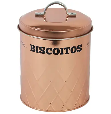 POTE DE LATA REDONDO METALIZADO COBRE / ROSE GOLD PARA BISCOITOS COM TAMPA + ALCA 2,3L