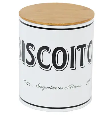 POTE DE LATA REDONDO BRANCO PARA BISCOITOS COM TAMPA TIPO MADEIRA / BAMBU 2,3L