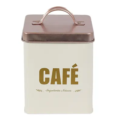 POTE DE LATA QUADRADO BRANCO PARA CAFE COM TAMPA + ALCA METALIZADO ROSE GOLD 1,7L