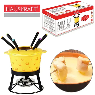 JOGO DE FONDUE DE PORCELANA LANA COM 6 GARFOS / PANELA / SEPARADOR / SUPORTE HAUSKRAFT 1L